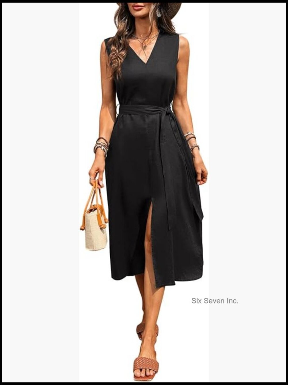 100% Linen Midi Dress with V Neck Sleeveless Design and Waist Belt - Picture 1 of 7